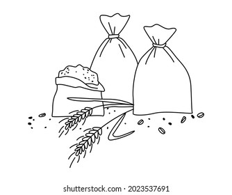 Sacks with ears of wheat or barley, rye. Vector illustration for brewing, agriculture, logo, print, poster. Doodle style by outline