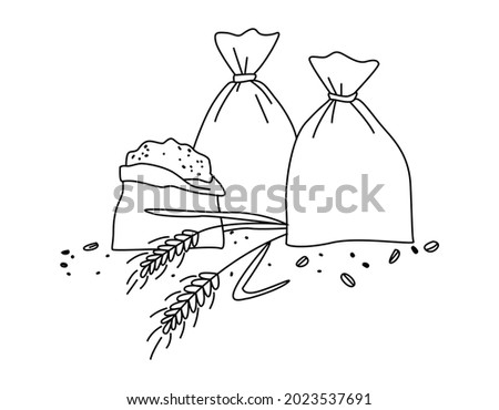 Sacks with ears of wheat or barley, rye. Vector illustration for brewing, agriculture, logo, print, poster. Doodle style by outline