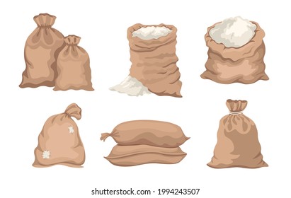 Sacks with Flour, Bags with Rice or Salt, Closed and Open Sacks with White Dust inside Farm Production in Brown Textile Bales Isolated on White Background. Cartoon Vector Illustration, Icons Set