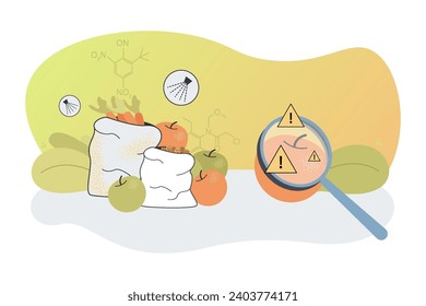 Sacks with fruits and vegetables treated with pesticides vector illustration. Apple with magnifying glass and warning sign. Harmful effect of using pesticides and chemicals concept