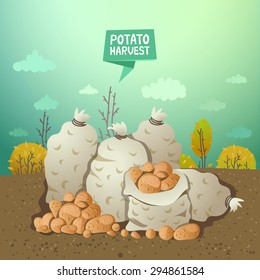 Sacks of potatoes on autumn background with brown field, orange trees and blue sky. Potato harvesting season. Vector colorful illustration.