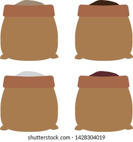 Sacks of rice or spice vector icon set, various types of rice or spices in open bags