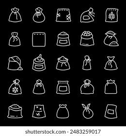 Sacks, white line icons. Bags with groats, sugar, flour, and other contents. Ideal for agricultural and culinary themes. Symbols on black background. Editable stroke.