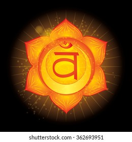 Sacral Chakra (Svadhisthana). Glowing chakra icon . The concept of chakras used in Hinduism, Buddhism and Ayurveda. For design, associated with yoga and India. Vector illustrated