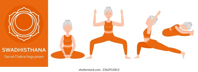 Sacral Chakra Yoga poses. Elderly woman practicing Swadhisthana Chakra Yoga asana. Healthy lifestyle. Flat cartoon character. Vector illustration