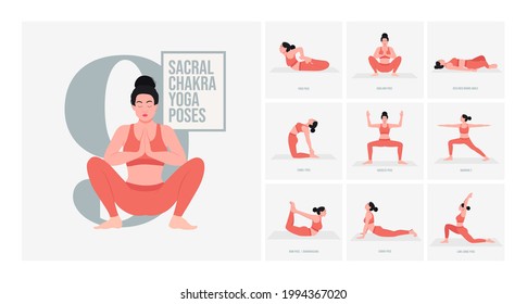 Sacral Chakra Yoga poses. Young woman practicing Yoga pose. Woman workout fitness, aerobic and exercises. Vector Illustration.