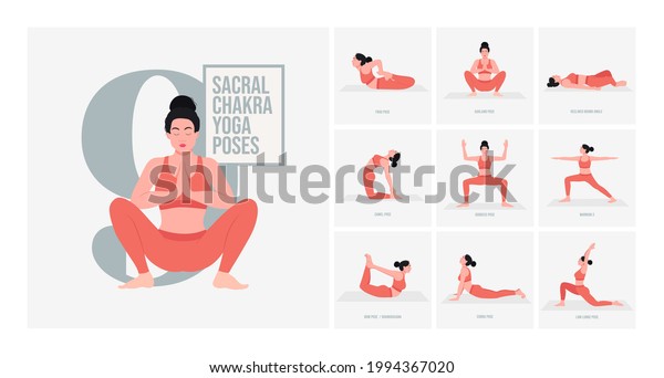 Sacral Chakra Yoga poses. Young woman\
practicing Yoga pose. Woman workout fitness, aerobic and exercises.\
Vector Illustration.