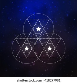 Sacral geometry design elements on a cosmic background. Vector illustration