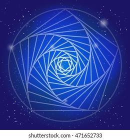 Sacral symbol in the space, on deep blue sky with stars. Spiritual design. The corridor of time in universe