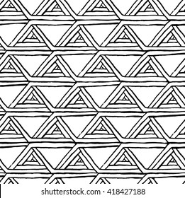 Sacral triangle spiral geometric vector pattern in ethnic style. Endless triangle ornament.