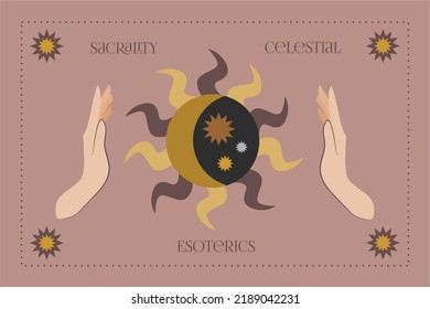  Sacrality. An object of spiritual mastery. Vector illustrations in the flat style. A composition of esoteric alchemical mystical magical celestial talismans with female hands, moon, sun and stars.