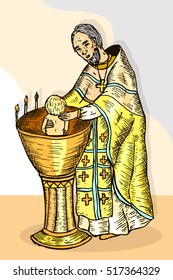 Sacrament of baptism baby. Vector priest baptizes a baby