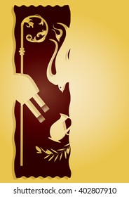 Sacrament of Confirmation, symbolic abstract vector illustration, with the holy olive oil and olive branch, a bishop's pastoral staff and mitre, a dove - symbol of the Holy Spirit. Paper cut like.