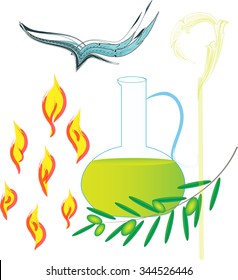 Sacrament of Confirmation, symbolic vector drawing illustration, with the holy olive oil and olive branch, a bishop's pastoral staff, a dove -  symbol of the Holy Spirit and seven flames as his Gifts.