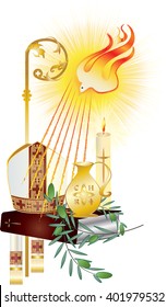 Sacrament of Confirmation, symbolic vector drawing illustration, with the holy olive oil and olive branch, a bishop's pastoral staff and mitre, a dove - symbol of the Holy Spirit. 