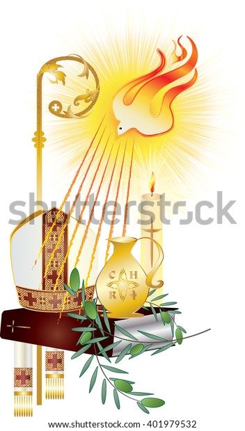 Sacrament of\
Confirmation, symbolic vector drawing illustration, with the holy\
olive oil and olive branch, a bishop\'s pastoral staff and mitre, a\
dove - symbol of the Holy Spirit.\
