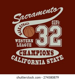 Sacramento Basketball T-shirt, Sport Typography design, California fashion emblem. Graphic Print label - vector illustration 