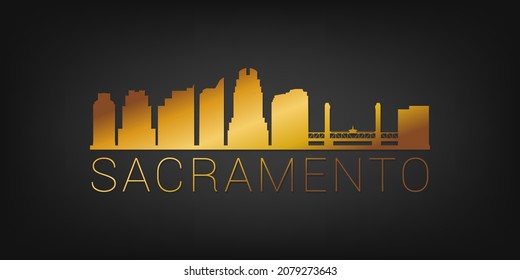 Sacramento, CA, USA Gold Skyline City Silhouette Vector. Golden Design Luxury Style Icon Symbols. Travel and Tourism Famous Buildings.