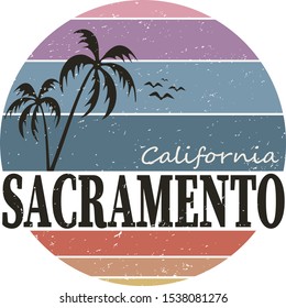 SACRAMENTO CALIFORNIA BADGE. Design fashion apparel on light background. T shirt graphic vintage vector illustration label logo template.