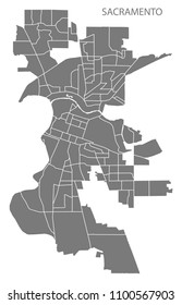 Sacramento California city map with neighborhoods grey illustration silhouette shape