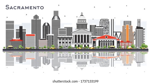 Sacramento California City Skyline with Gray Buildings and Reflections Isolated on White. Vector Illustration. Tourism Concept with Modern Architecture. Sacramento USA Cityscape with Landmarks.