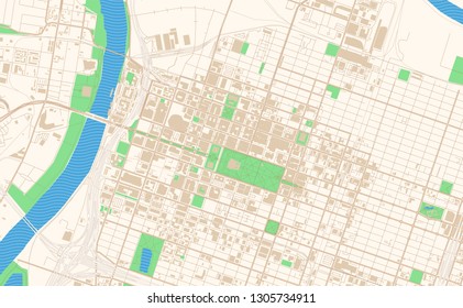 Sacramento California printable map excerpt. This vector streetmap of downtown Sacramento is made for infographic and print projects.