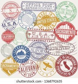 Sacramento California Set of Stamps. Travel Stamp. Made In Product. Design Seals Old Style Insignia.