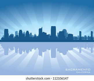 Sacramento, California skyline illustration with reflection in water