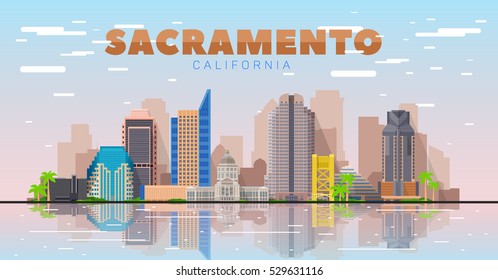 Sacramento California skyline vector lines illustration. Background with city panorama on a sky. Travel picture.