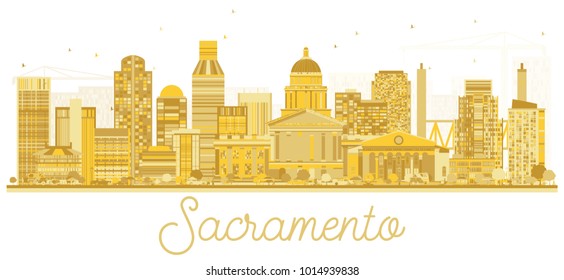 Sacramento California USA City Skyline Golden Silhouette. Vector Illustration. Simple Flat Concept for Tourism Presentation, Banner, Placard or Web Site. Sacramento Cityscape with Landmarks.