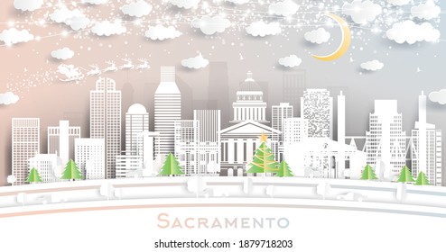 Sacramento California USA City Skyline in Paper Cut Style with Snowflakes, Moon and Neon Garland. Vector Illustration. Christmas and New Year Concept. Santa Claus on Sleigh.