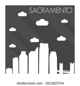 Sacramento California USA Flat Icon Skyline Silhouette Design City Vector Art Famous Buildings Monochrome Background Clouds Sky