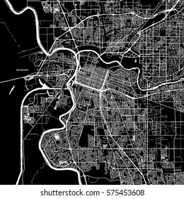Sacramento, California, Vector Map, Artprint. Black Landmass, White Water and Roads.