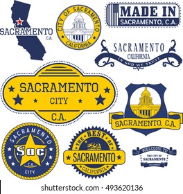Sacramento city, California. Set of generic stamps and signs.