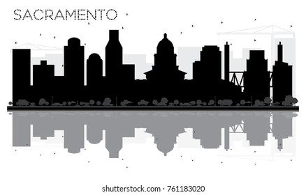 Sacramento City skyline black and white silhouette with Reflections. Vector illustration. Business travel concept. Cityscape with landmarks.
