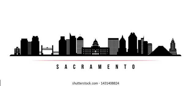 Sacramento city skyline horizontal banner. Black and white silhouette of Sacramento city, California USA. Vector template for your design. 