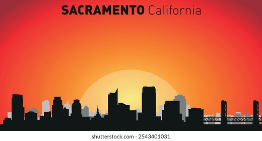 Horizonte de la ciudad de Sacramento con siluetas de edificios con el telón de fondo de un Grande sol amarillo y cielo naranja. Vector en el fondo de la puesta del sol