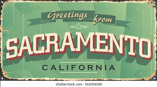 Sacramento city vintage poster vector. Vintage tin sign with USA city. Sacramento. Retro souvenirs or postcard templates on rust background.