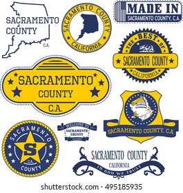 Sacramento county, California. Set of generic stamps and signs including Sacramento county map and seal elements.