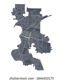 Sacramento map. Detailed vector map of Sacramento city administrative area. Cityscape poster metropolitan aria view. Dark land with white streets, roads and avenues. White background.