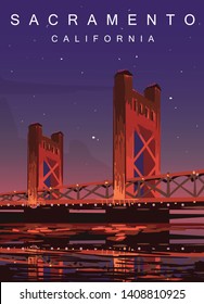 Sacramento Modern Vector Poster. Sacramento, California Landscape Illustration. Top 30 Most Populated Cities Of The USA.