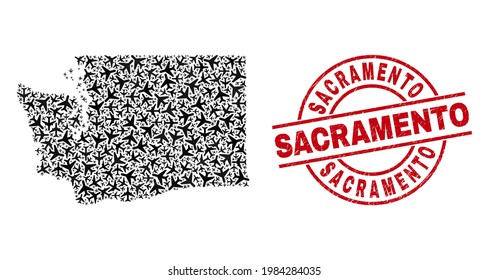 Sacramento rubber seal stamp, and Washington State map mosaic of aircraft elements. Collage Washington State map constructed of aircraft. Red seal with Sacramento word, and unclean rubber texture.