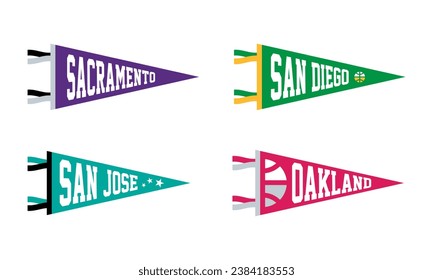 Sacramento, San Diego, San Jose, Oakland basketball Pennant Flags Set. Vector Football pendant Icons. University USA Sport flag, isolated