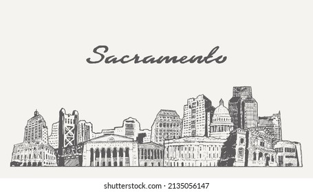 Sacramento skyline, California, USA, hand drawn vector illustration, sketch