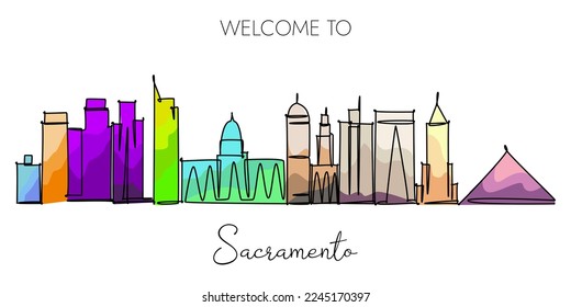 Sacramento skyline drawing. Continuous single line art of famous city for travel and tourist destination 