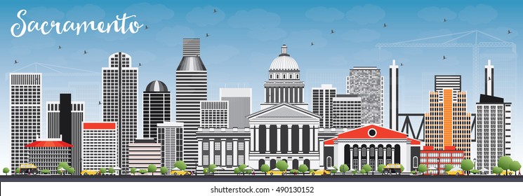 Sacramento Skyline with Gray Buildings and Blue Sky. Vector Illustration. Business Travel and Tourism Concept with Modern Architecture. Image for Presentation Banner Placard and Web Site.