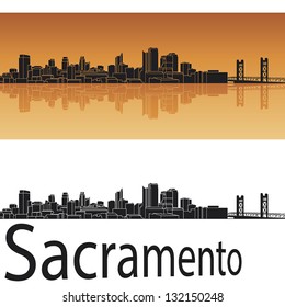 Sacramento skyline in orange background in editable vector file