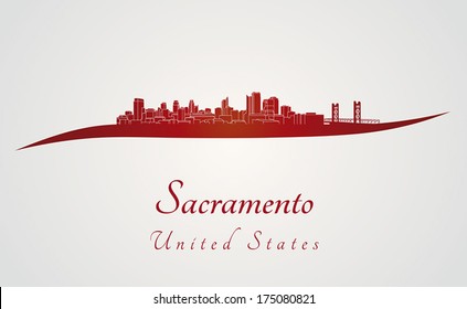 Sacramento skyline in red and gray background in editable vector file