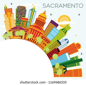 Sacramento USA City Skyline with Color Buildings, Blue Sky and Copy Space. Vector Illustration. Business Travel and Tourism Concept with Modern Architecture. Sacramento Cityscape with Landmarks.