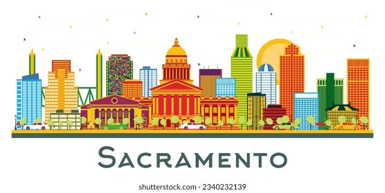 Sacramento USA city Skyline with Color Buildings isolated on white. Vector Illustration. Business Travel and Tourism Concept with Modern Architecture. Sacramento cityscape with landmarks.